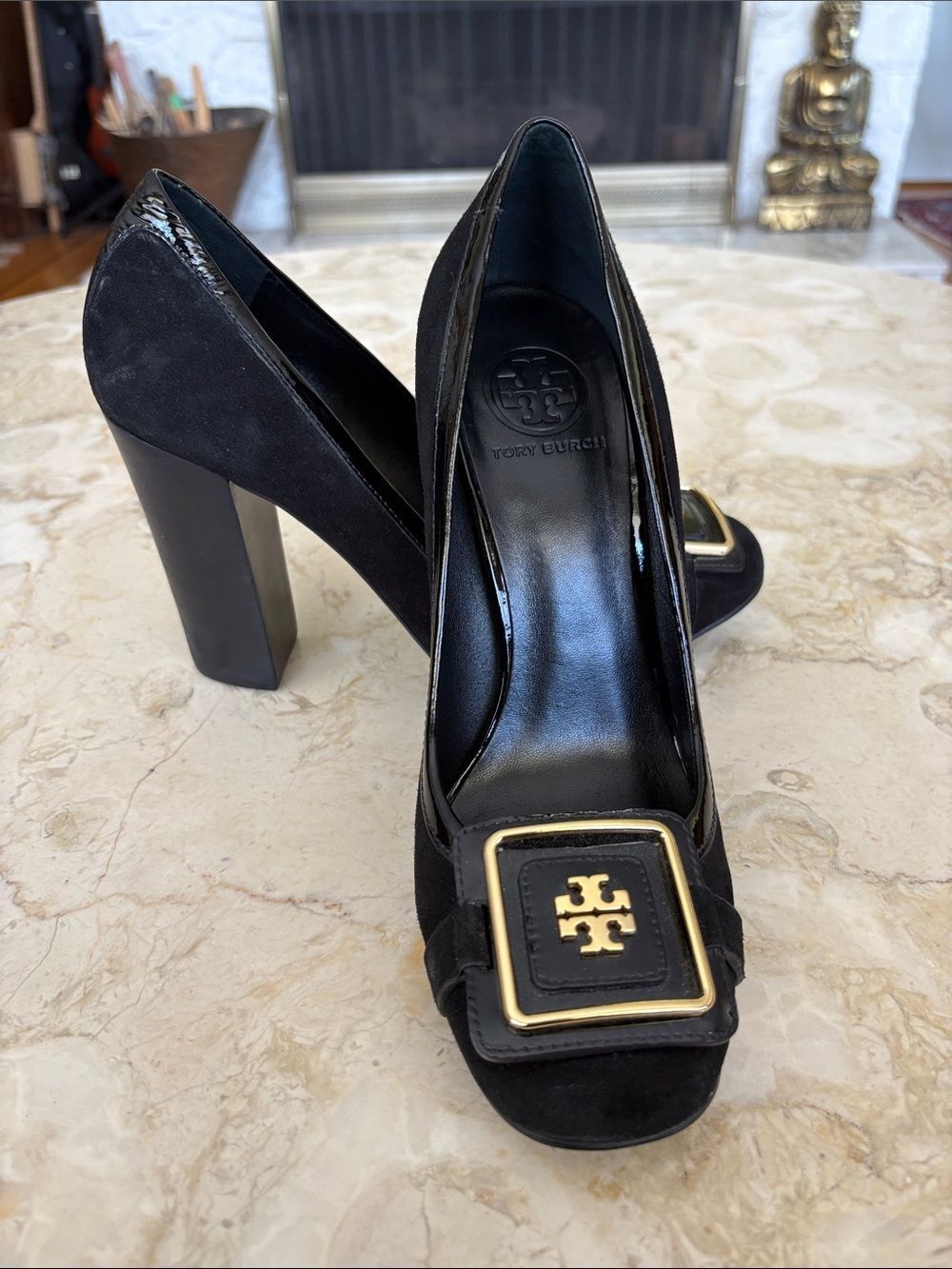 Tory Burch Julian Pumps – Black Suede & Patent Leather – Block Heel
